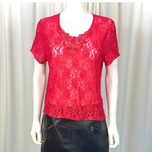 Vintage 2000’s Floral Sheer Lace Scoop V-Neck Short Sleeved Tee Shirt in Red - M - Picture 7 of 9
